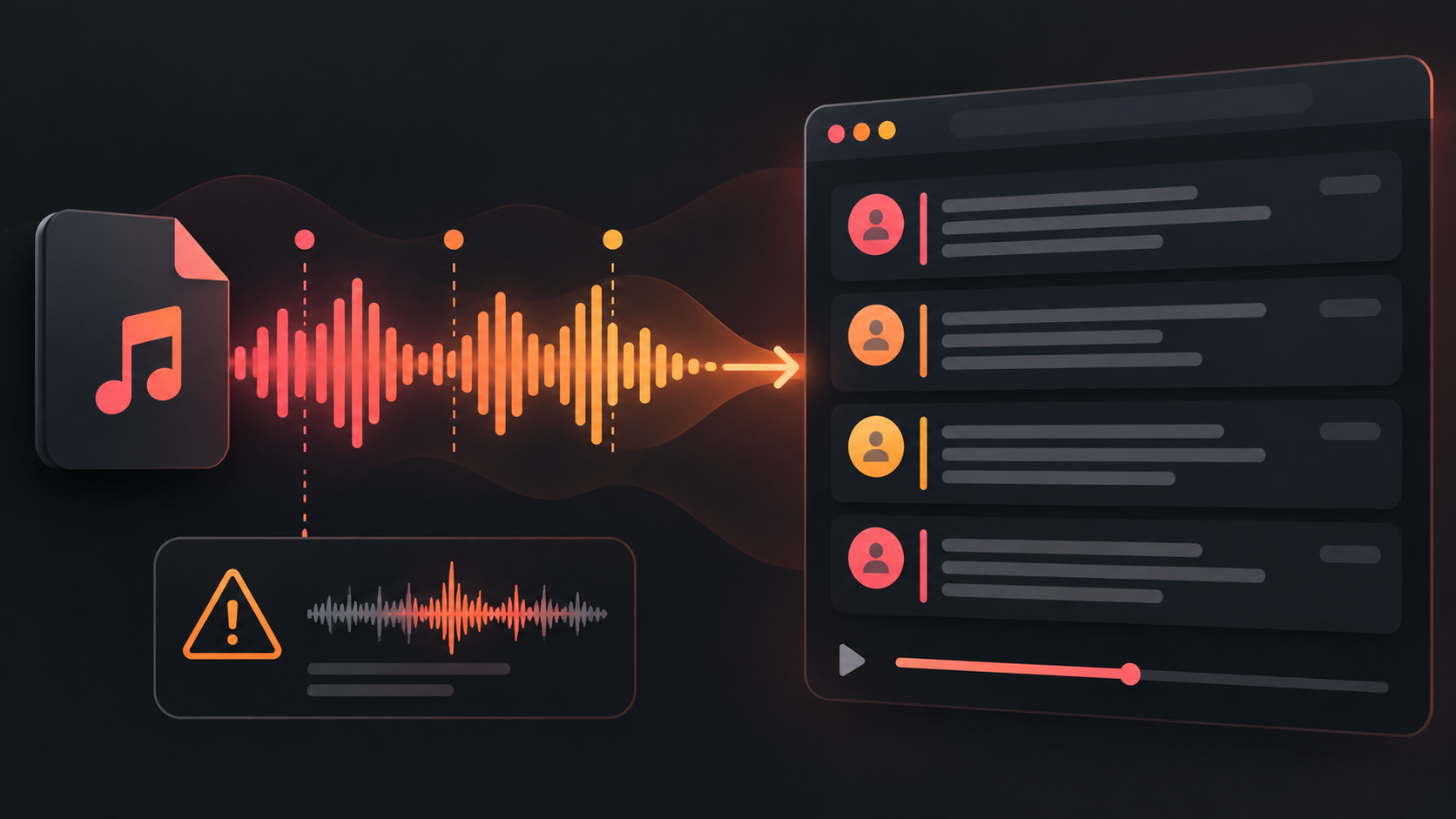 An MP3 waveform becoming timestamped transcript lines