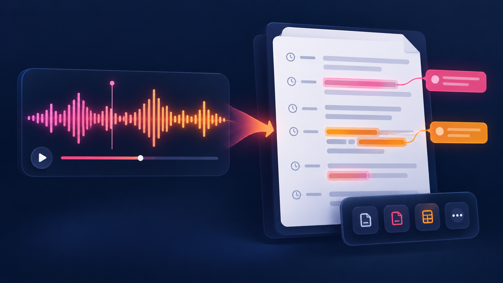 An audio waveform transformed into a timestamped text document