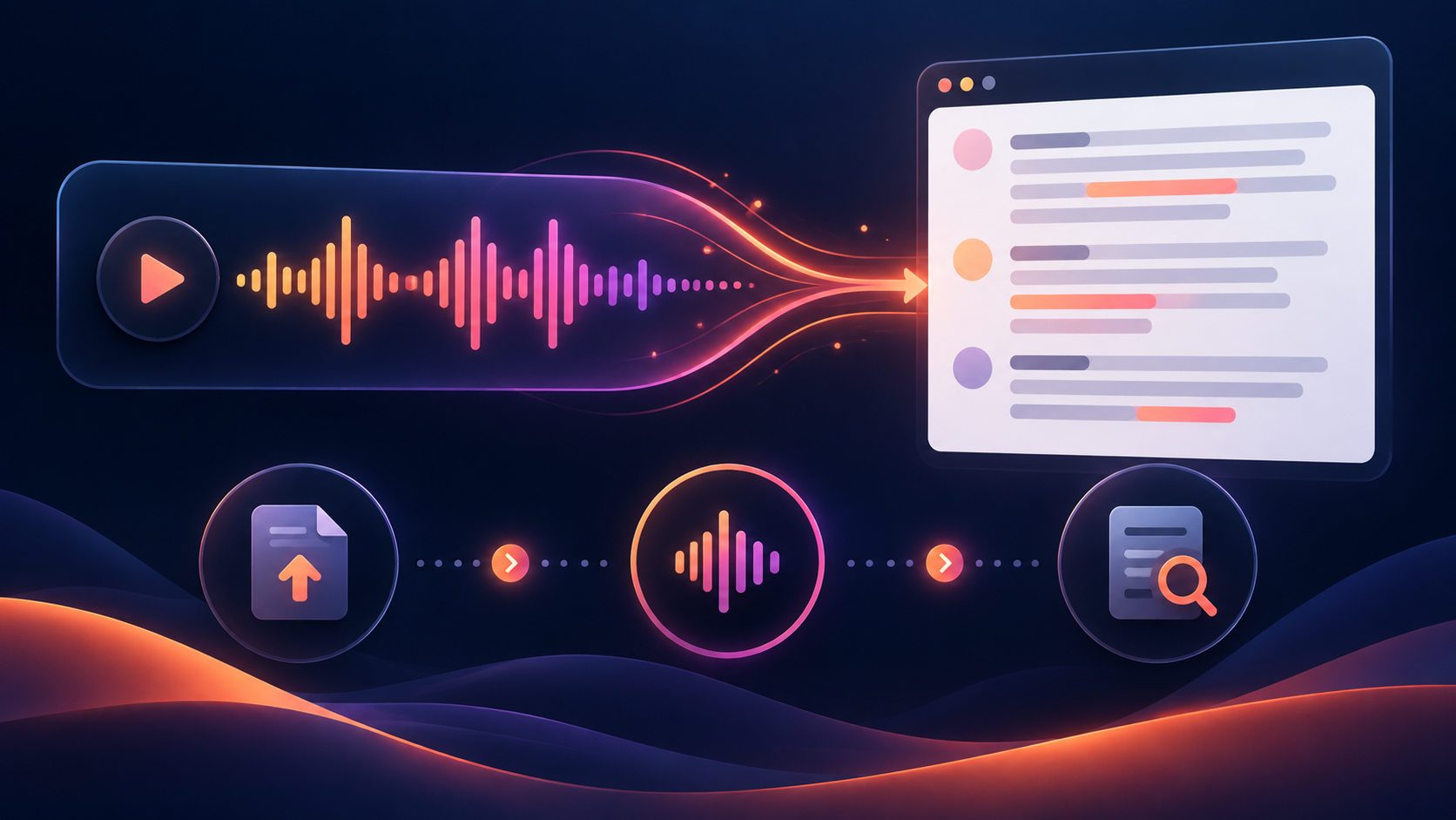 A visual workflow for choosing an audio file, transcribing it, and reviewing the result